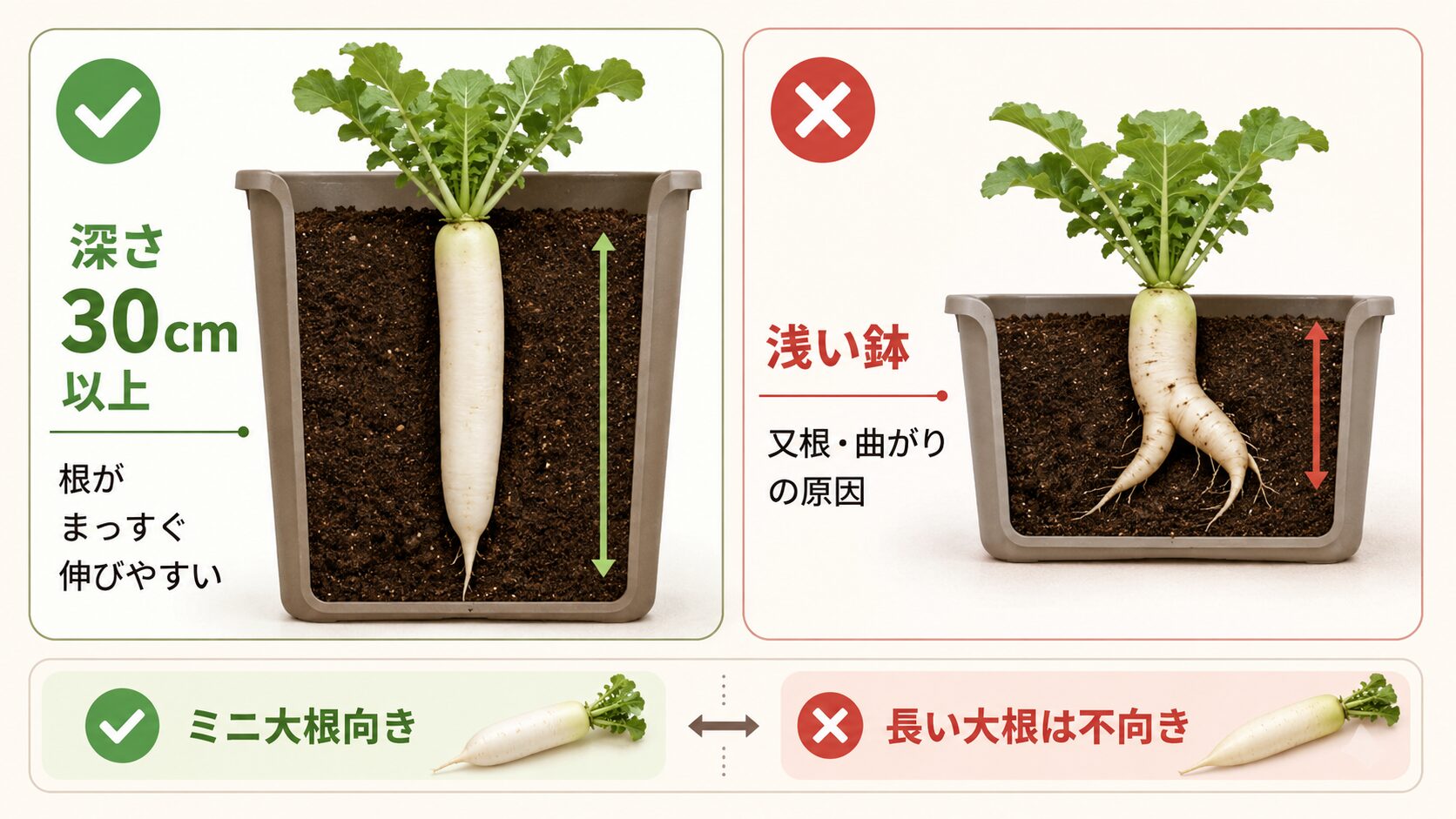 大根栽培に適した深いプランターと浅い鉢の違い