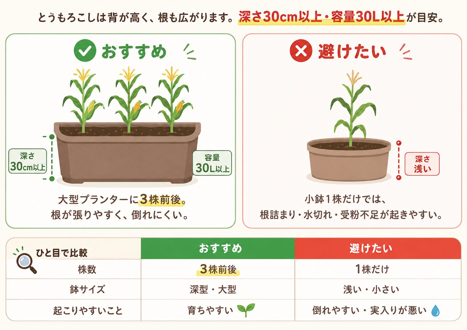 とうもろこしに適した大型プランターと避けたい小鉢の比較図