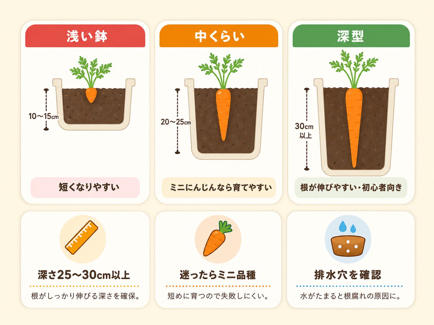 にんじん栽培に向くプランターの深さ比較