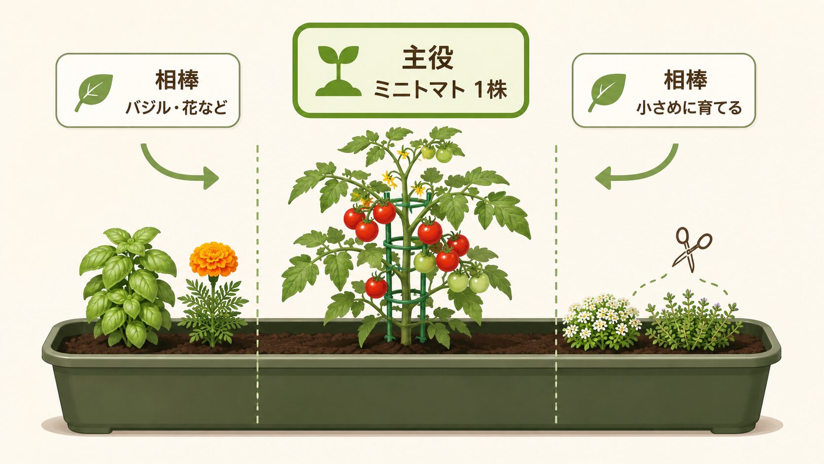 深型プランターでミニトマト1株を中央に置き、左右にバジルや花などの相棒植物を配置する図解