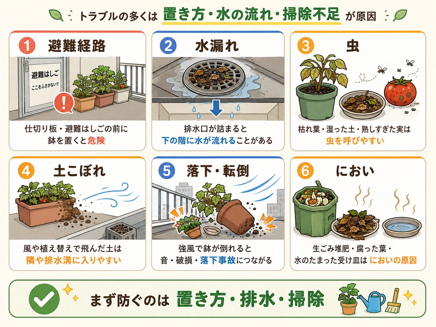 ベランダ菜園で近所迷惑になりやすい原因。避難経路、水漏れ、虫、土こぼれ、落下転倒、においを示した図解