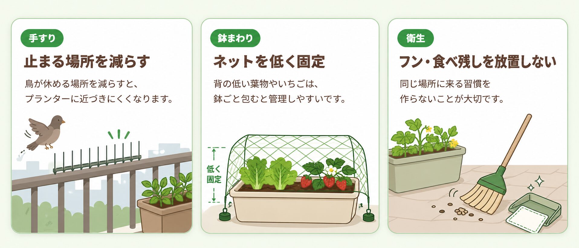 ベランダ菜園で鳥を近づけにくくする手すり・鉢まわり・衛生対策を示した図解