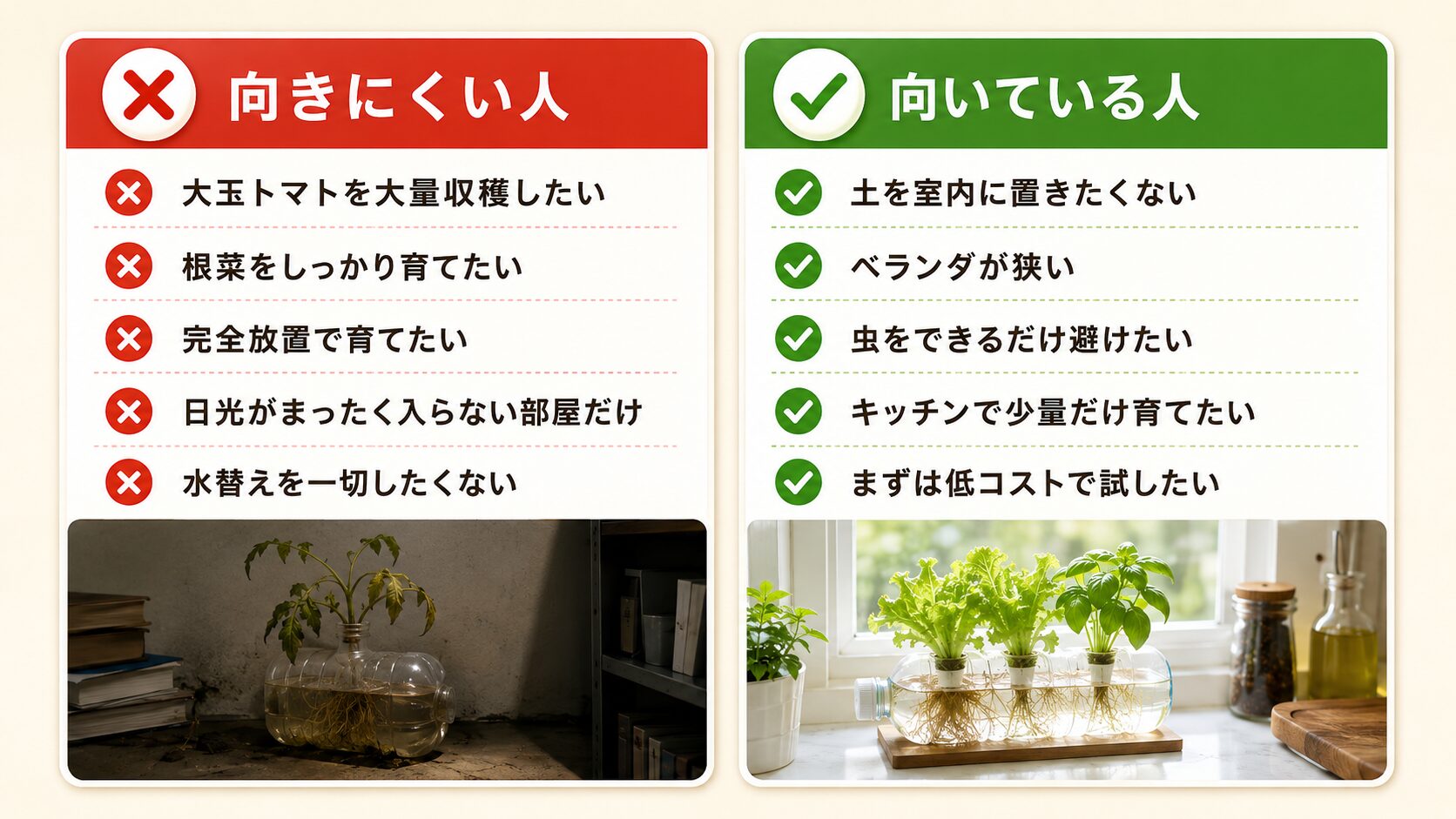 ペットボトル水耕栽培に向いている人と向きにくい人の比較図