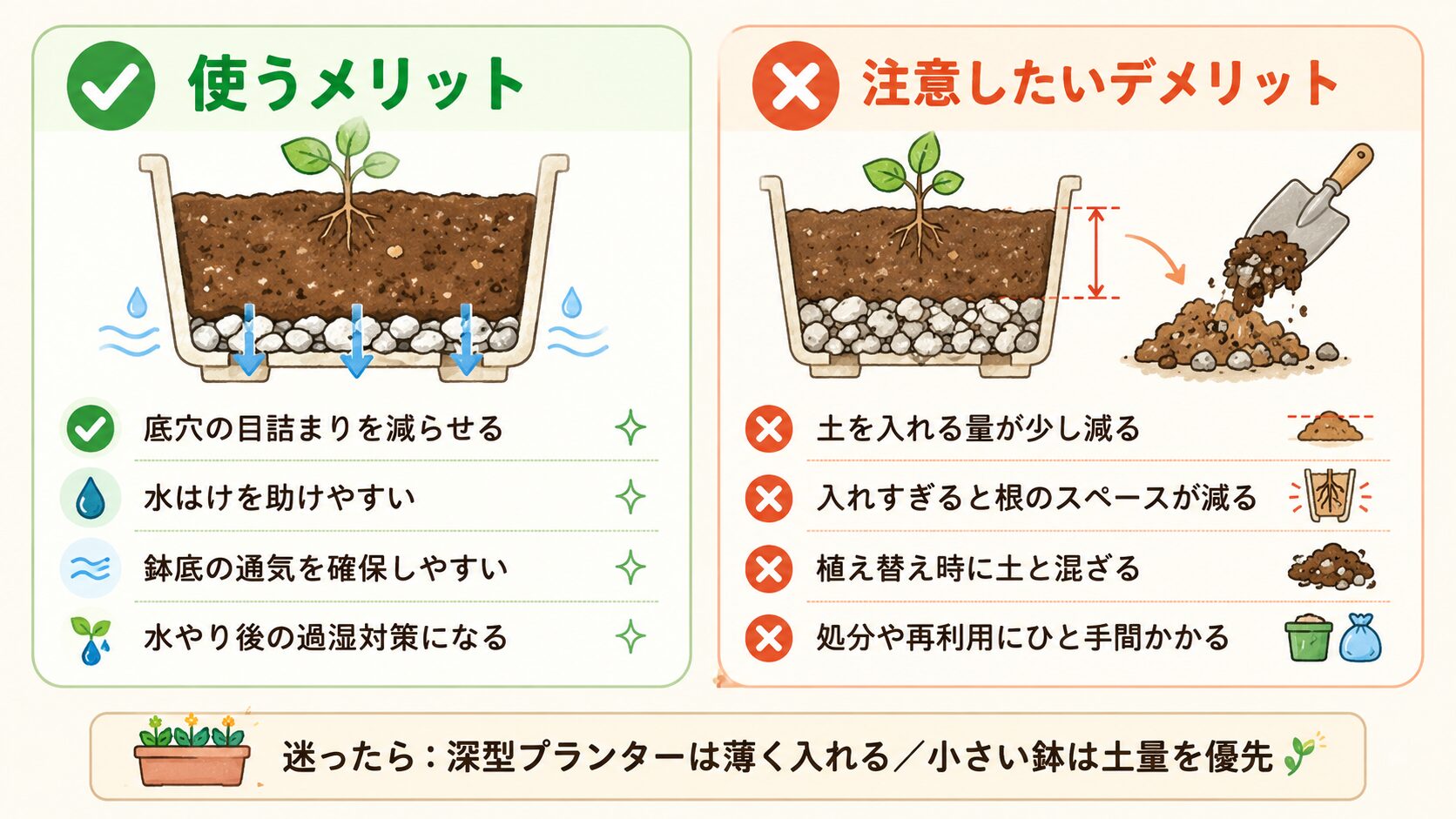 鉢底石を使うメリットと注意したいデメリットを比較した図解