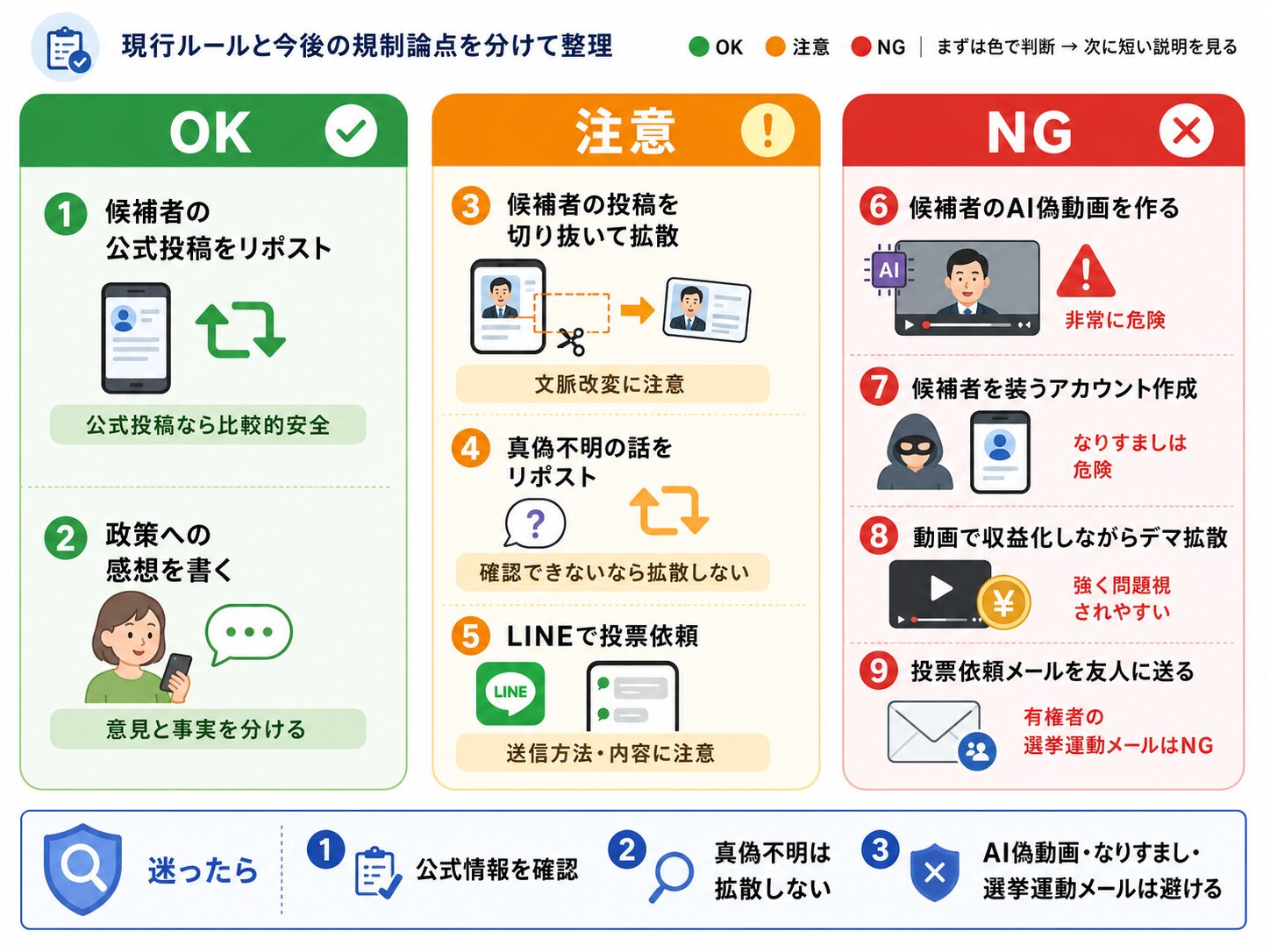選挙中のSNS投稿でOKな行動、注意が必要な行動、NGな行動を比較した図解