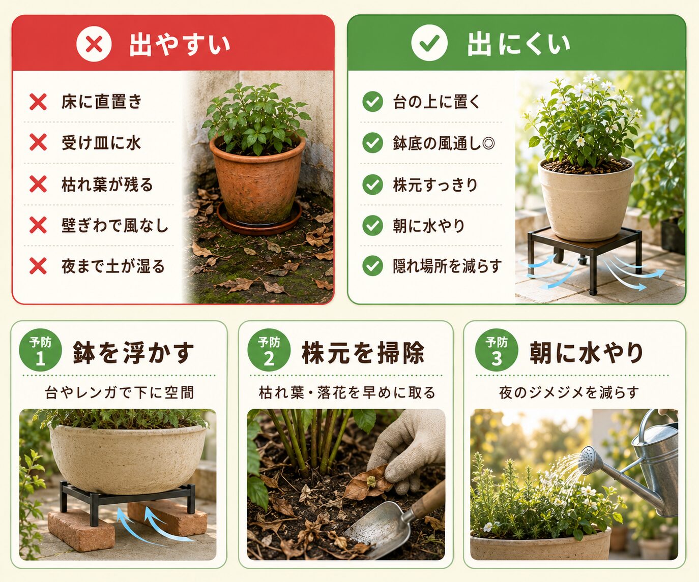 ナメクジが出やすいプランターと出にくいプランターの比較。鉢を浮かす、株元を掃除、朝に水やりを示した図解