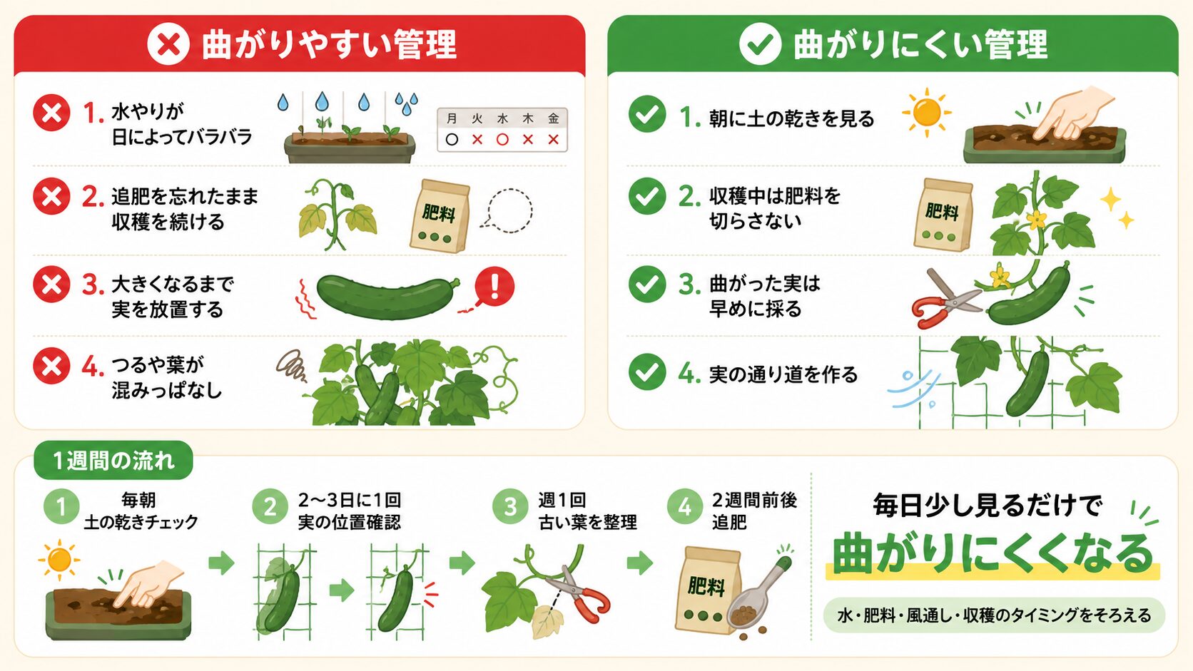きゅうりが曲がりにくくなる週間管理の図解