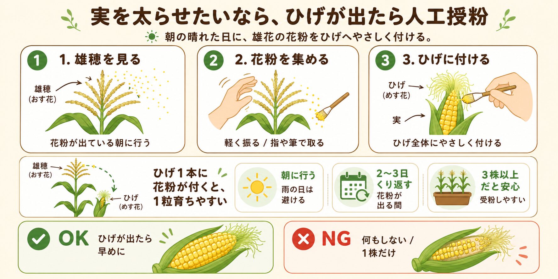 とうもろこしの人工授粉のやり方と実入りの違いの図解