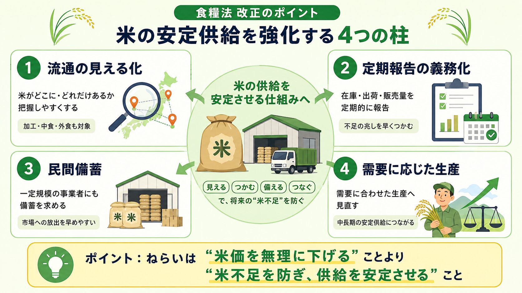 流通の見える化、定期報告、民間備蓄、需要に応じた生産を整理した図解画像