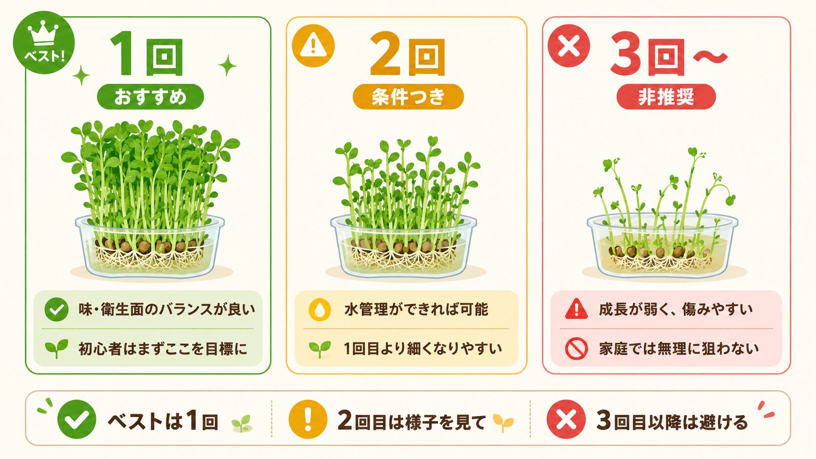 豆苗の再生栽培で何回収穫できるかを1回、2回、3回以上で比較した図解