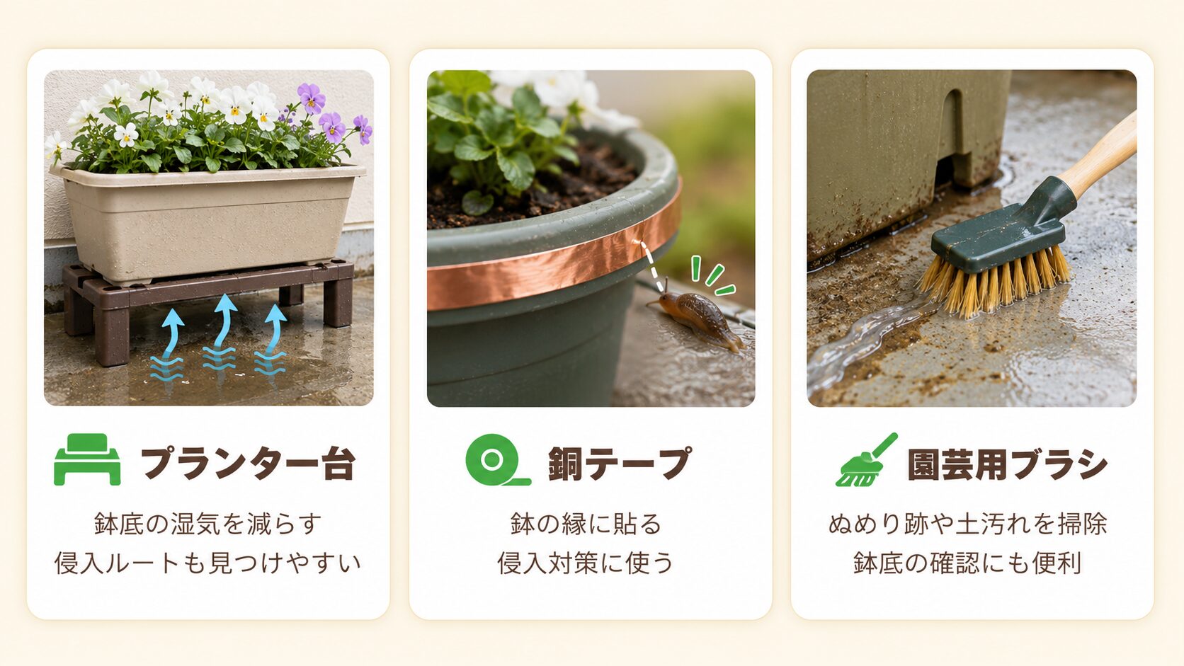 ナメクジ対策に使えるグッズ。プランター台、銅テープ、園芸用ブラシの使い方を示した図解