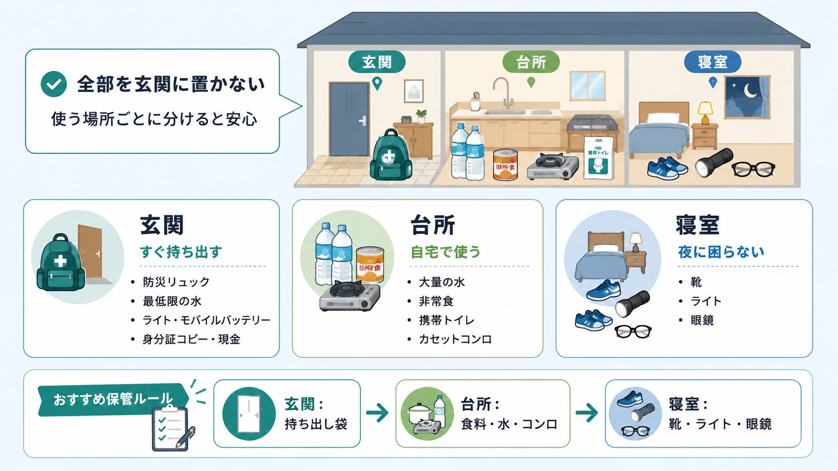 防災用品を玄関、台所、寝室に分けて保管するルールをまとめた図解