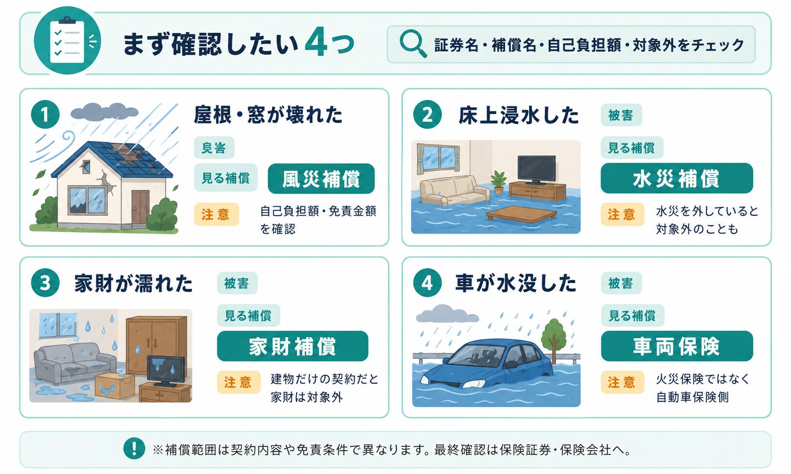 台風や大雨で家や車に被害が出たときに確認したい風災補償、水災補償、家財補償、車両保険の図解