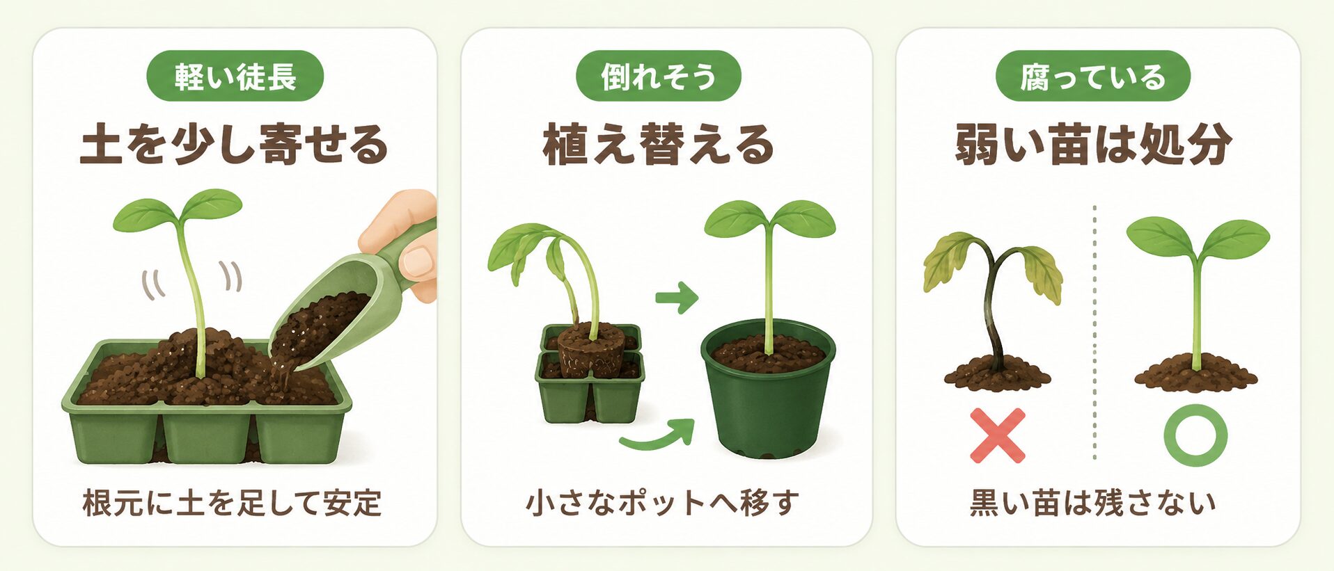 倒れそうな苗の土寄せ・植え替え・処分判断を示した図解