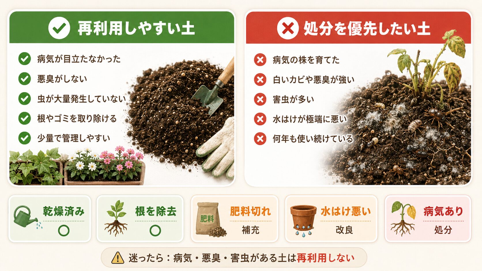 再利用しやすい土と処分を優先したい土の違いを比較した図解