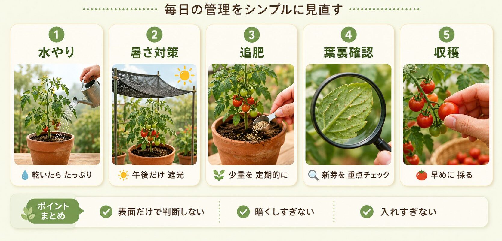 ミニトマトの葉の丸まりを再発させないための水やり暑さ追肥葉裏確認収穫の管理図解