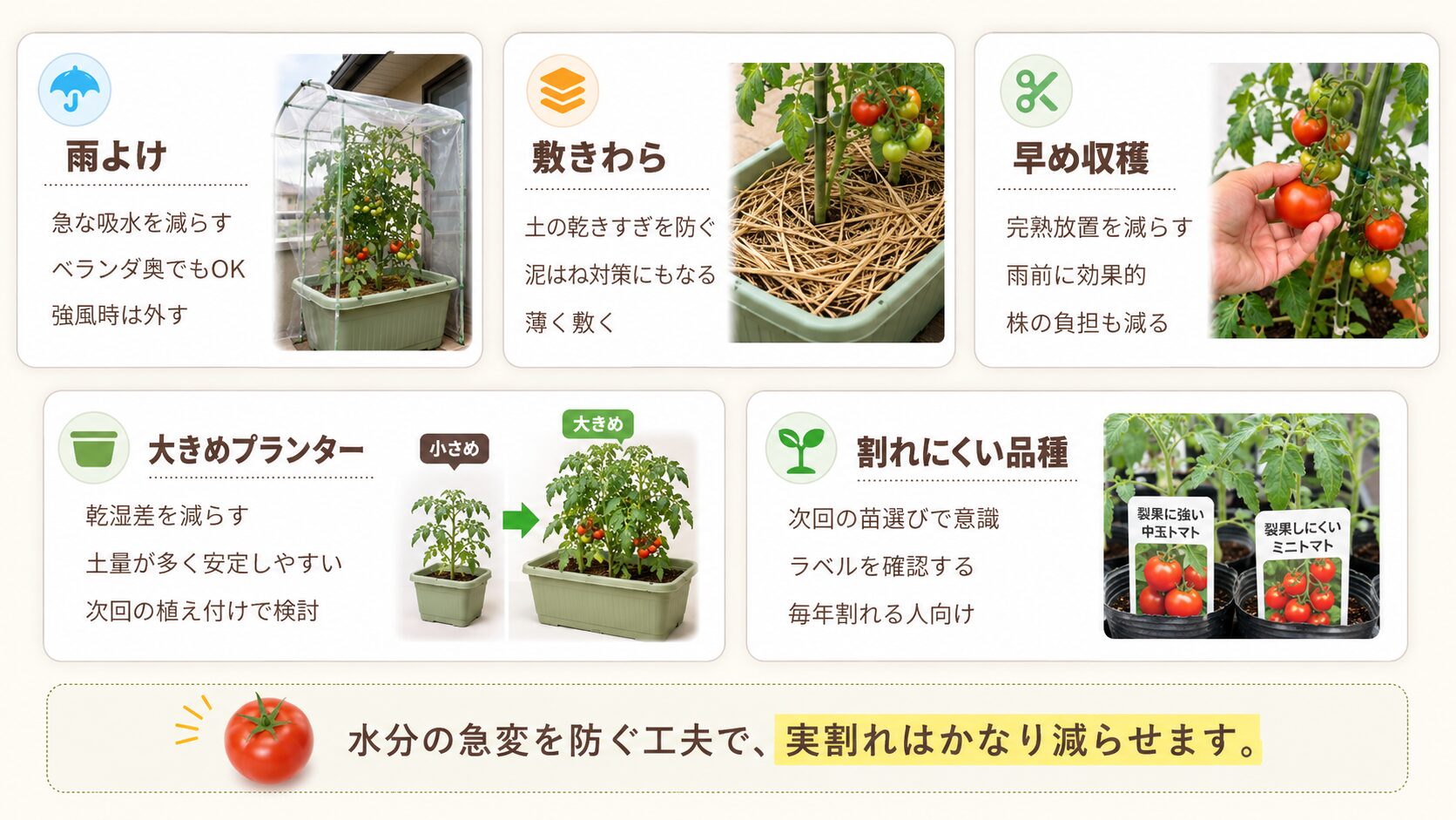 プランターでできるミニトマトの実割れ再発予防5つを示した図解