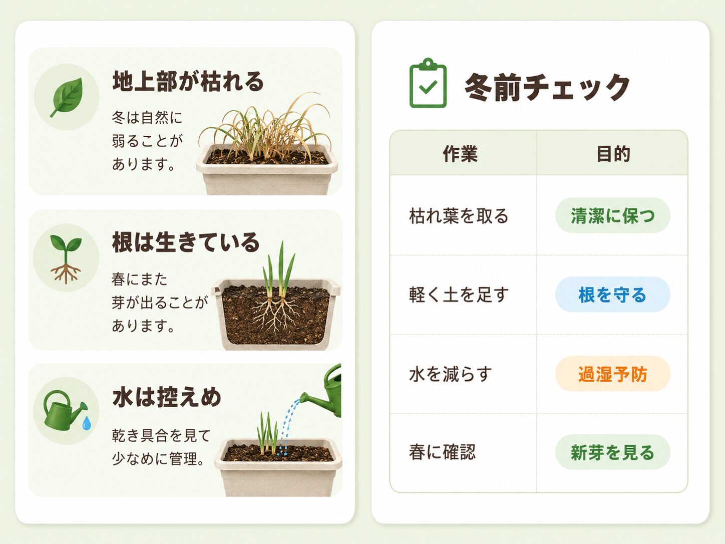 ニラの冬越しと冬前チェックを示す図解