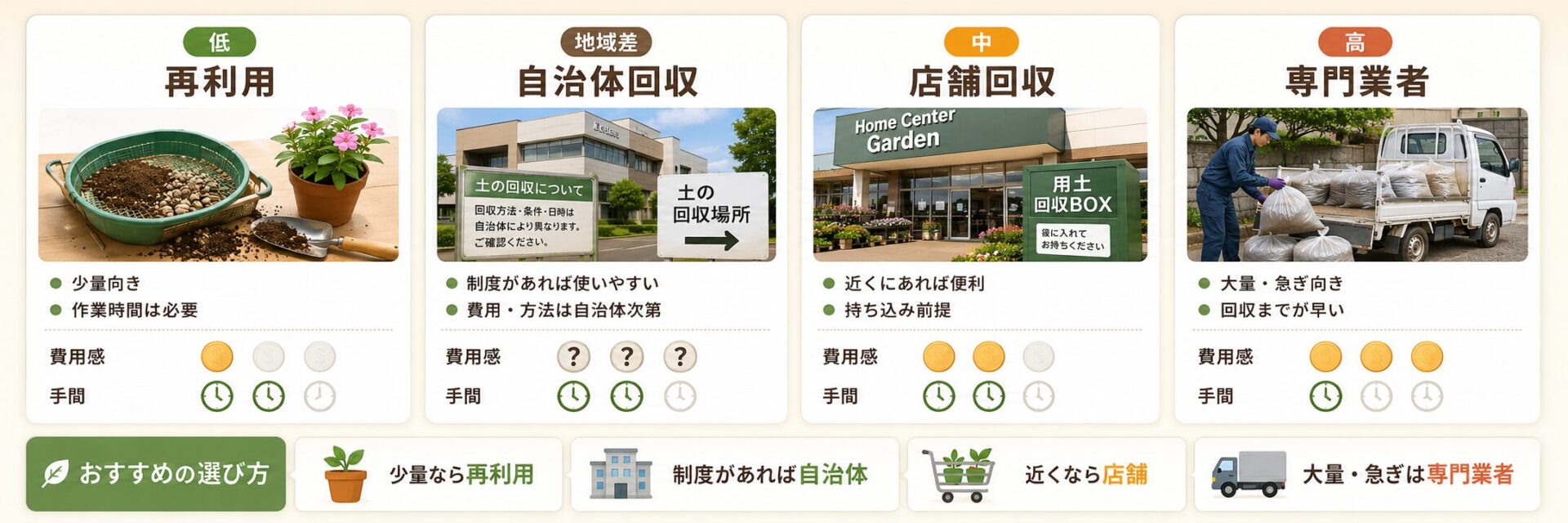 古い土の再利用・自治体回収・店舗回収・専門業者の手間と費用を比較した図解
