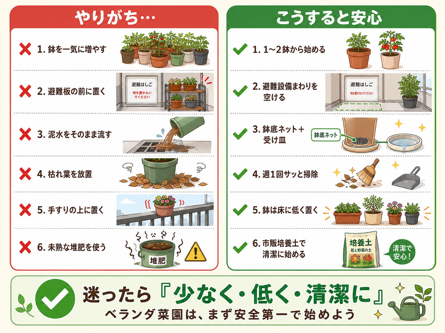 ベランダ菜園初心者がやりがちなNG行動と安心行動。鉢を増やしすぎない、避難設備を空ける、清潔に始めることを示した図解