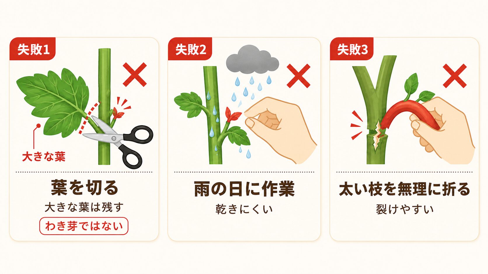 ミニトマトのわき芽かきで初心者がやりがちな失敗を、葉を切る・雨の日に作業する・太い枝を無理に折るの3つで示した図解