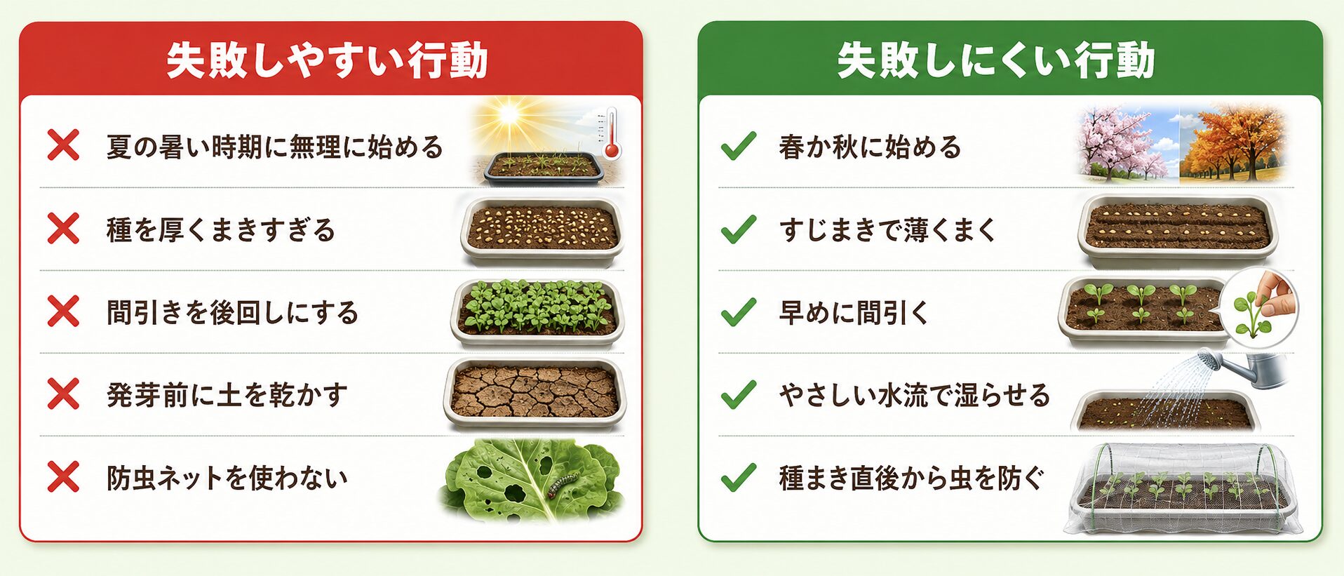 水菜栽培で初心者がやりがちな失敗と失敗しにくい行動を比較した図解。夏の暑い時期に始める、厚まき、間引き遅れ、乾燥、防虫ネットなしを避けるポイント。