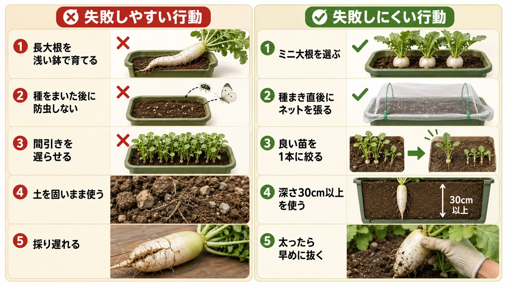 大根プランター栽培で初心者がやりがちな失敗と正しい対策