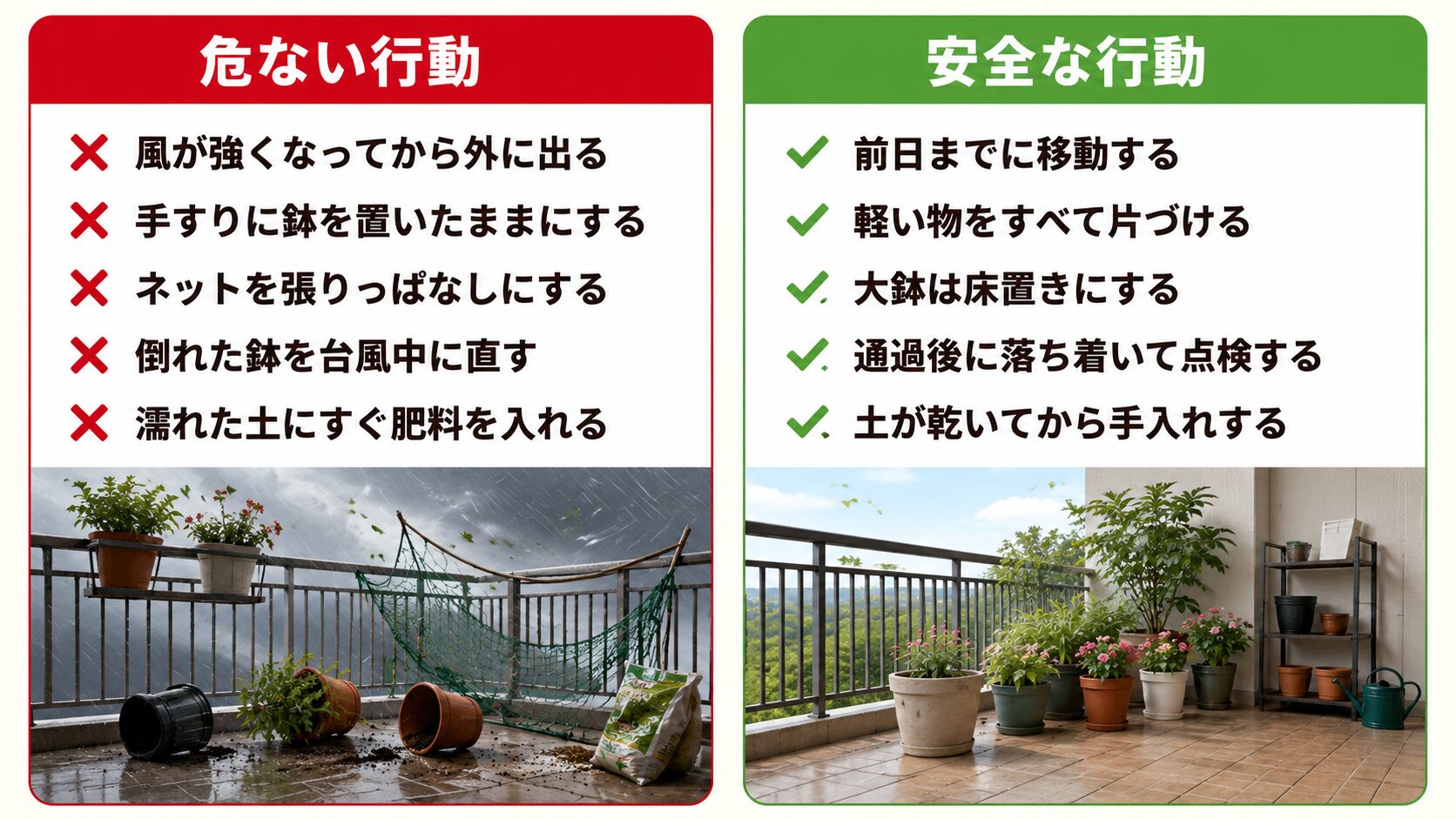 台風時の危ない行動と安全な行動の比較