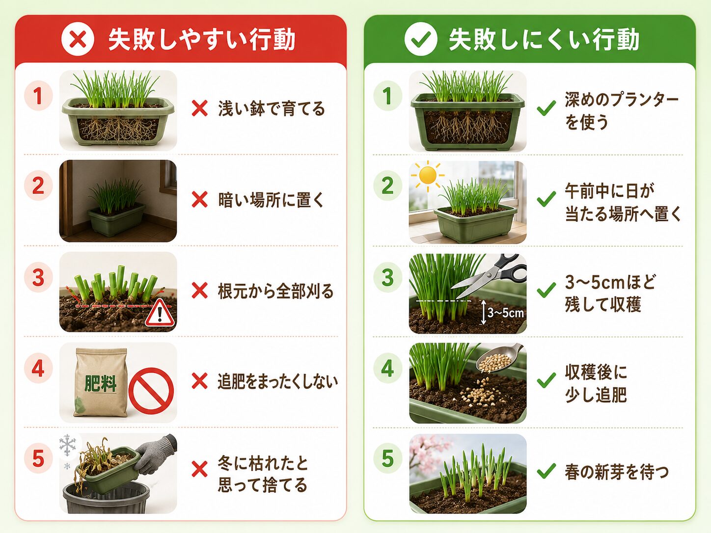 ニラ栽培で失敗しやすい行動と失敗しにくい行動の比較