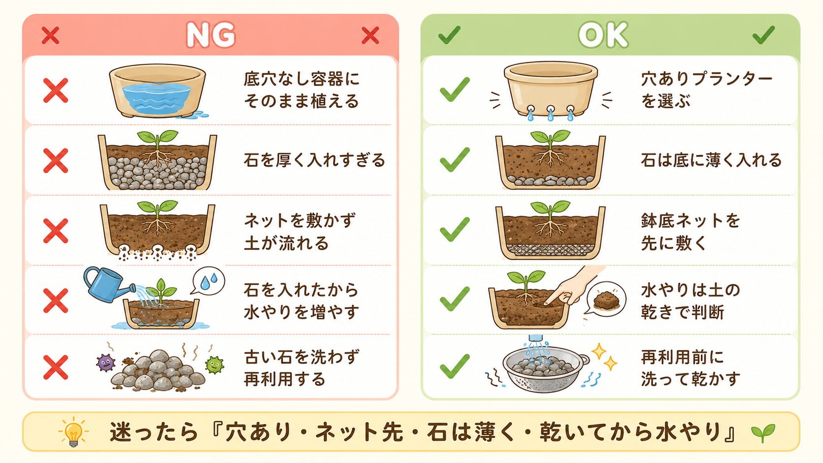 鉢底石で初心者がやりがちな失敗と正しい対策を比較した図解