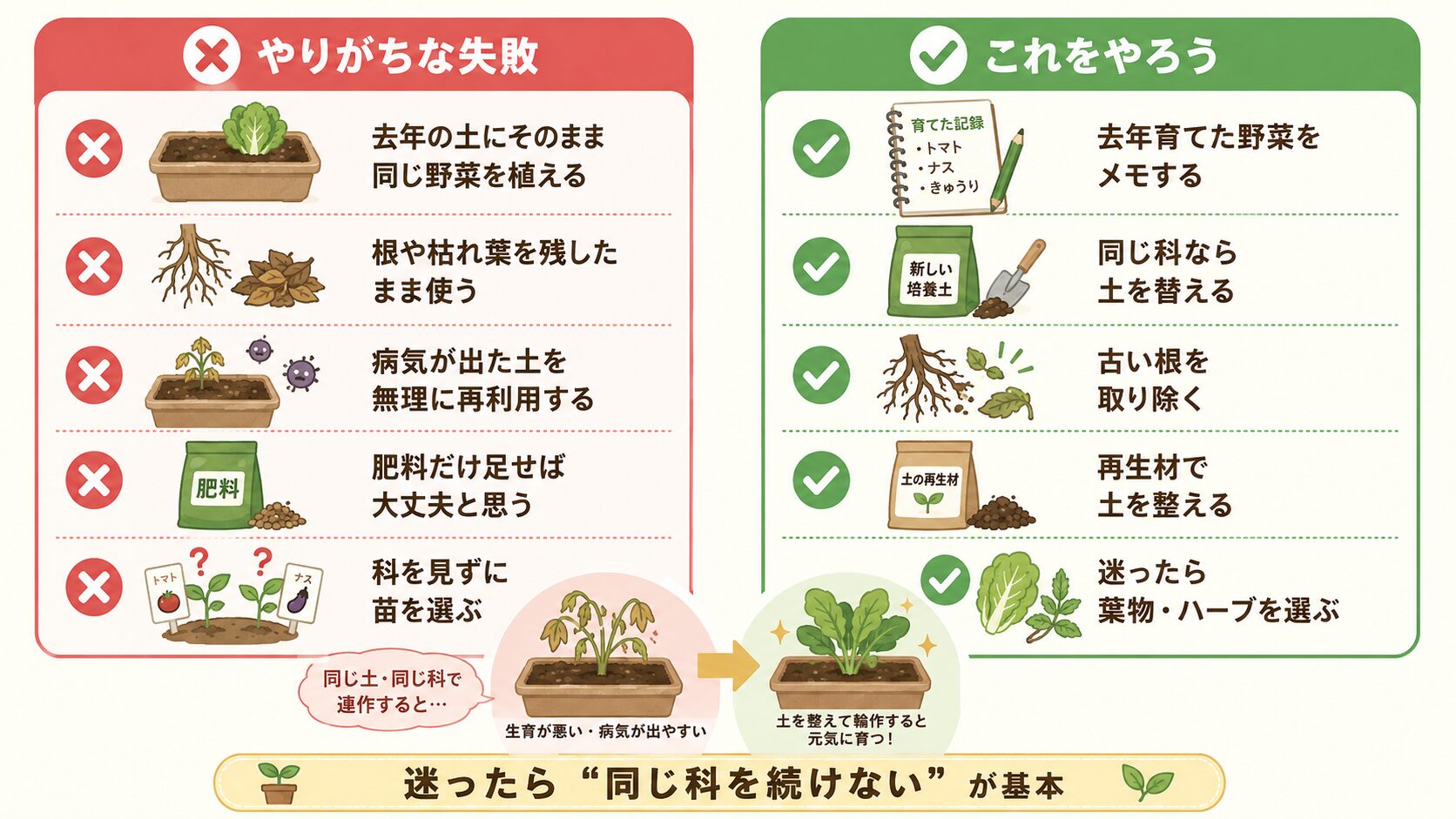 初心者がやりがちな連作障害の失敗例と失敗しにくい行動を比較した図解