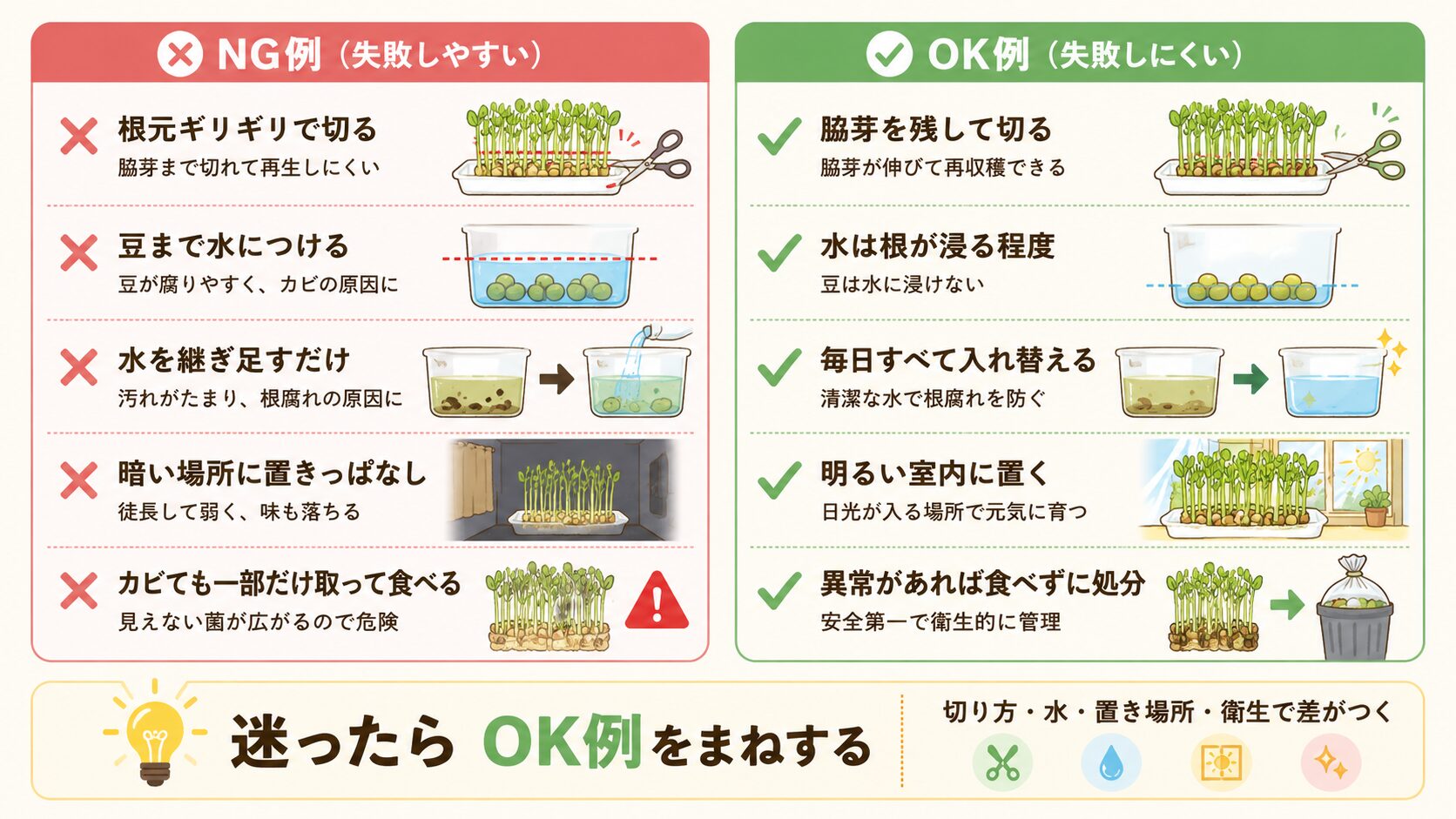 豆苗再生栽培で初心者がやりがちな失敗と失敗しにくい行動を比較した図解