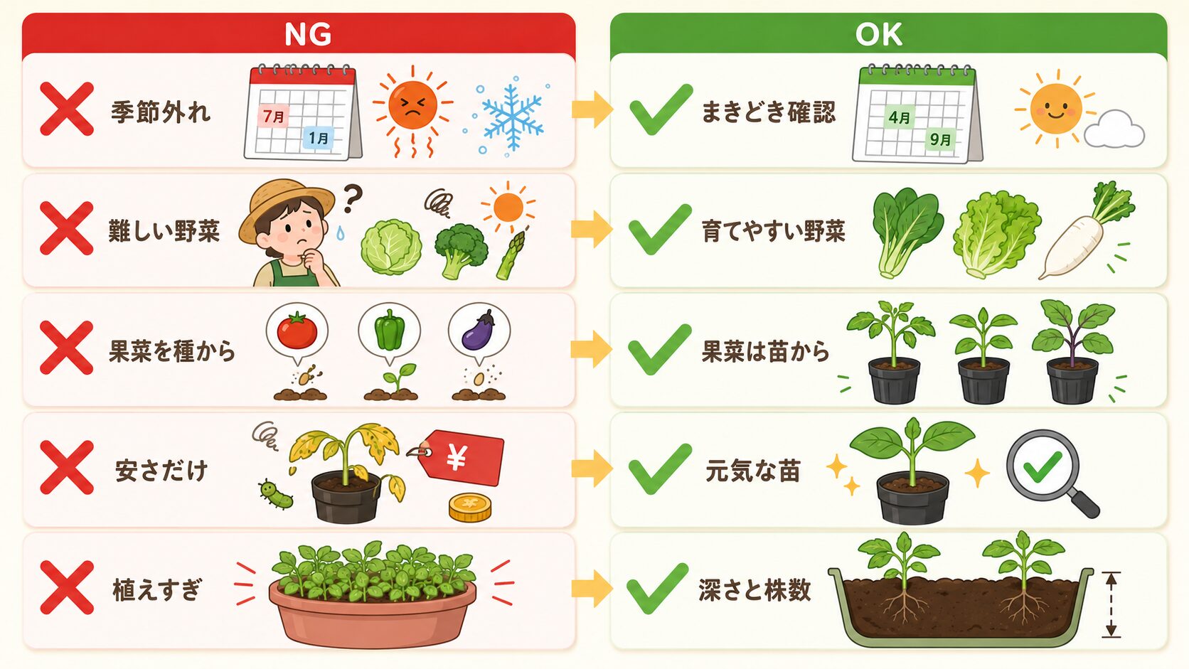 家庭菜園初心者がやりがちな失敗と失敗しにくい行動を比較した図解