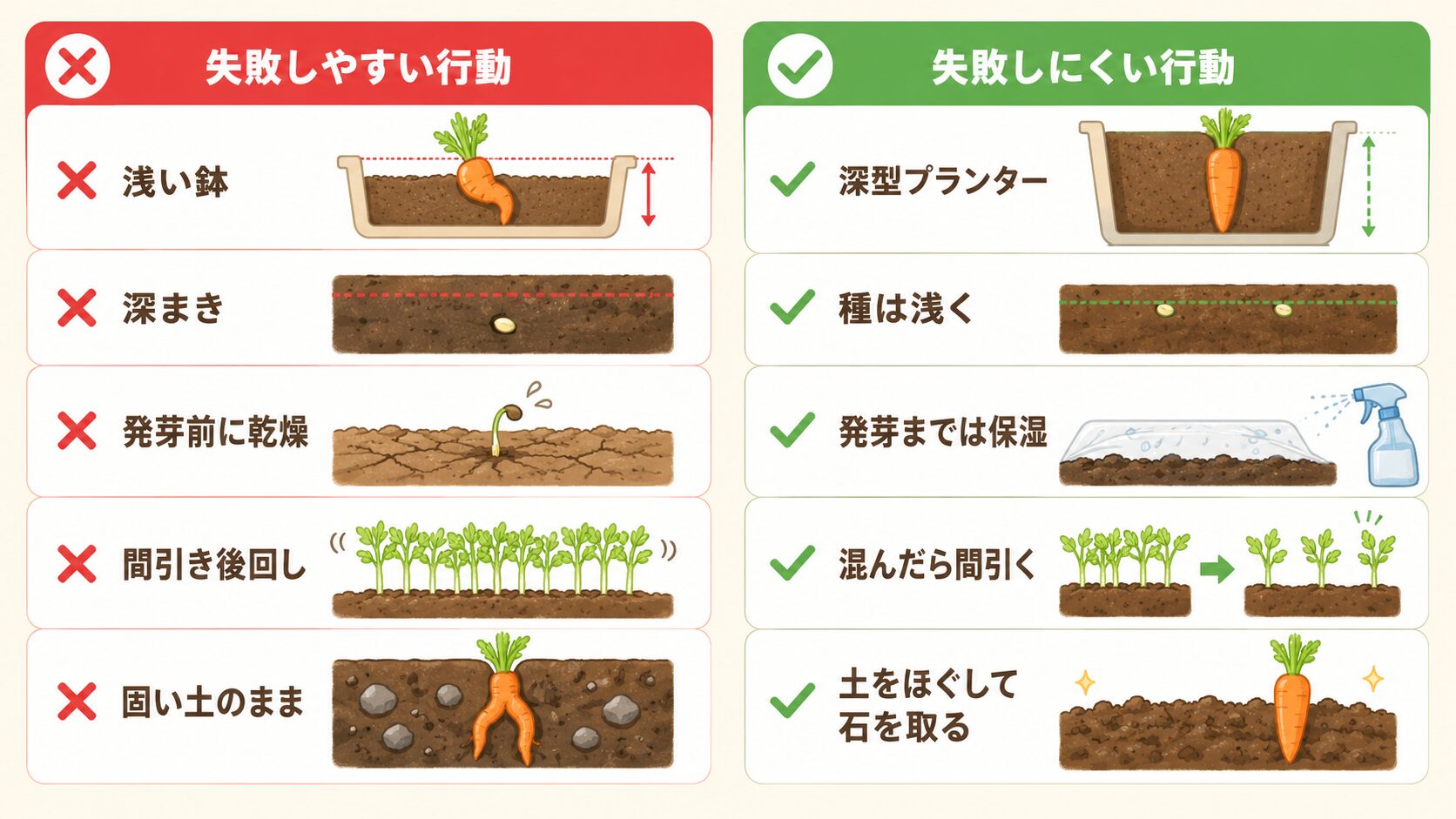 にんじん栽培で初心者がやりがちな失敗と対策