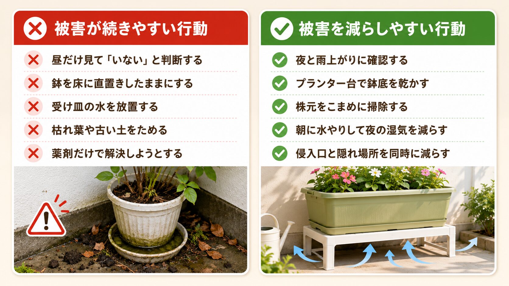 ナメクジ対策で初心者がやりがちな失敗と改善行動の比較。被害が続きやすい行動と減らしやすい行動を示した図解