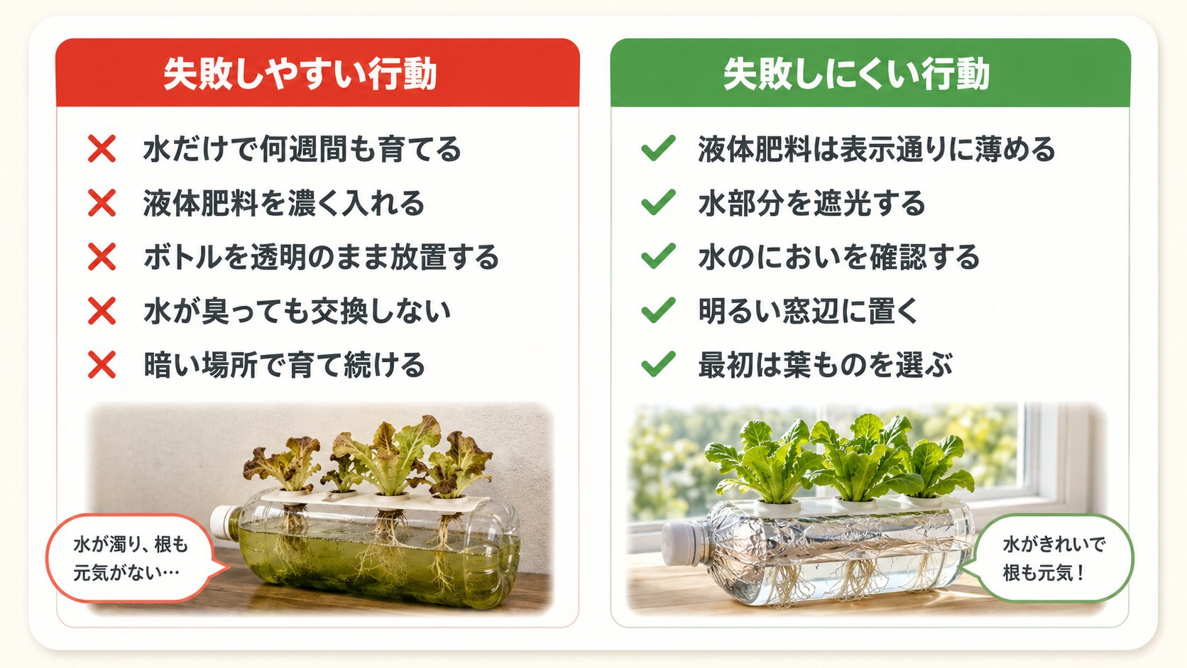 ペットボトル水耕栽培で初心者がやりがちな失敗と失敗しにくい行動の比較図