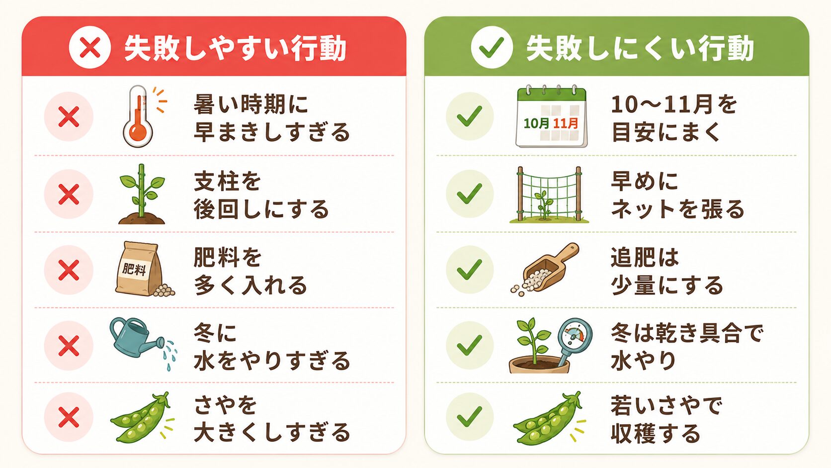 スナップエンドウ栽培で初心者がやりがちな失敗と失敗しにくい行動