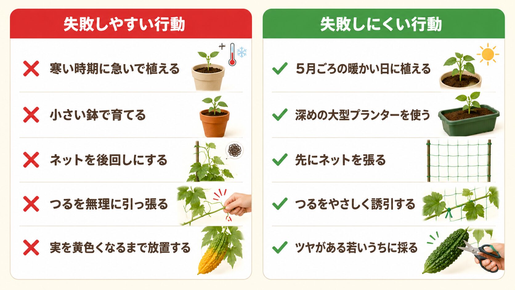 ゴーヤ栽培で失敗しやすい行動と失敗しにくい行動を左右で比較した図解