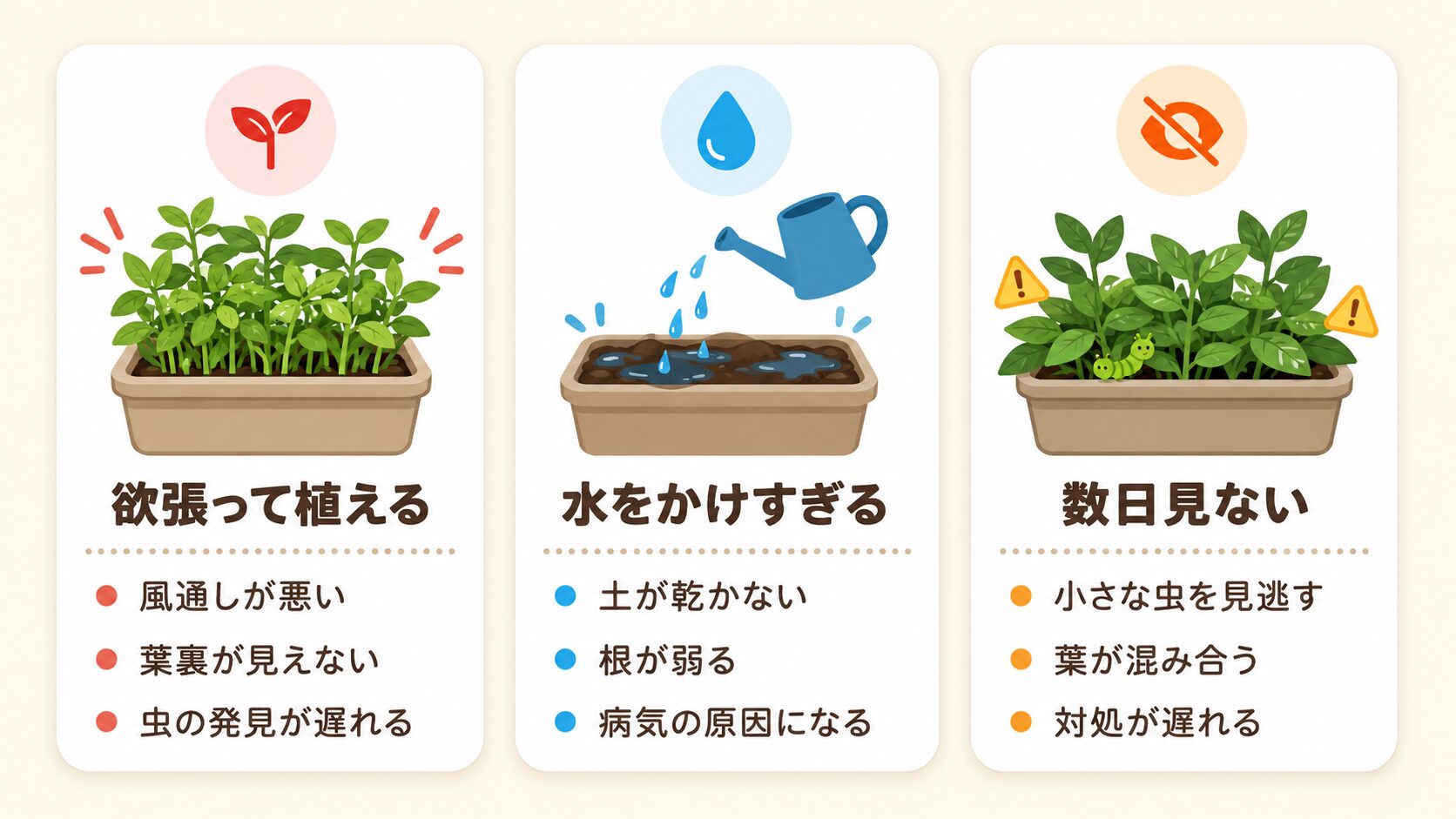 家庭菜園初心者がやりがちな失敗を示した図解。欲張って植える、水をかけすぎる、数日見ないという3つの失敗と原因を説明