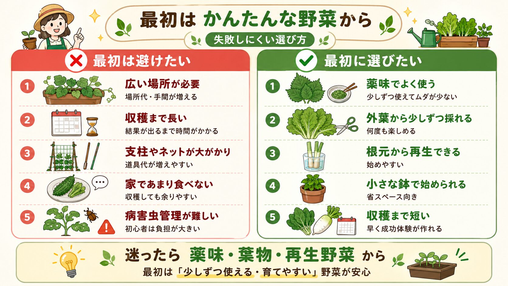 家庭菜園初心者が最初に避けたい野菜と選びたい野菜の比較。広い場所が必要、収穫まで長い、支柱やネットが大がかりな野菜は避け、薬味や葉物、再生野菜を選ぶとよい。