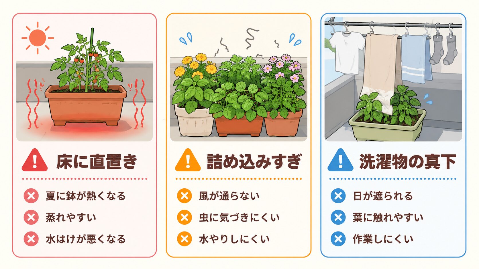 ベランダ菜園で初心者が避けたいNG配置を示した図解