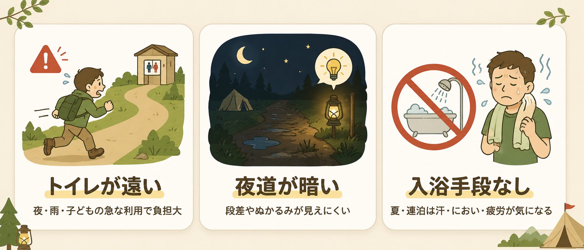 初心者が避けたいキャンプ場条件として、トイレが遠い、夜道が暗い、入浴手段がないことを示す図