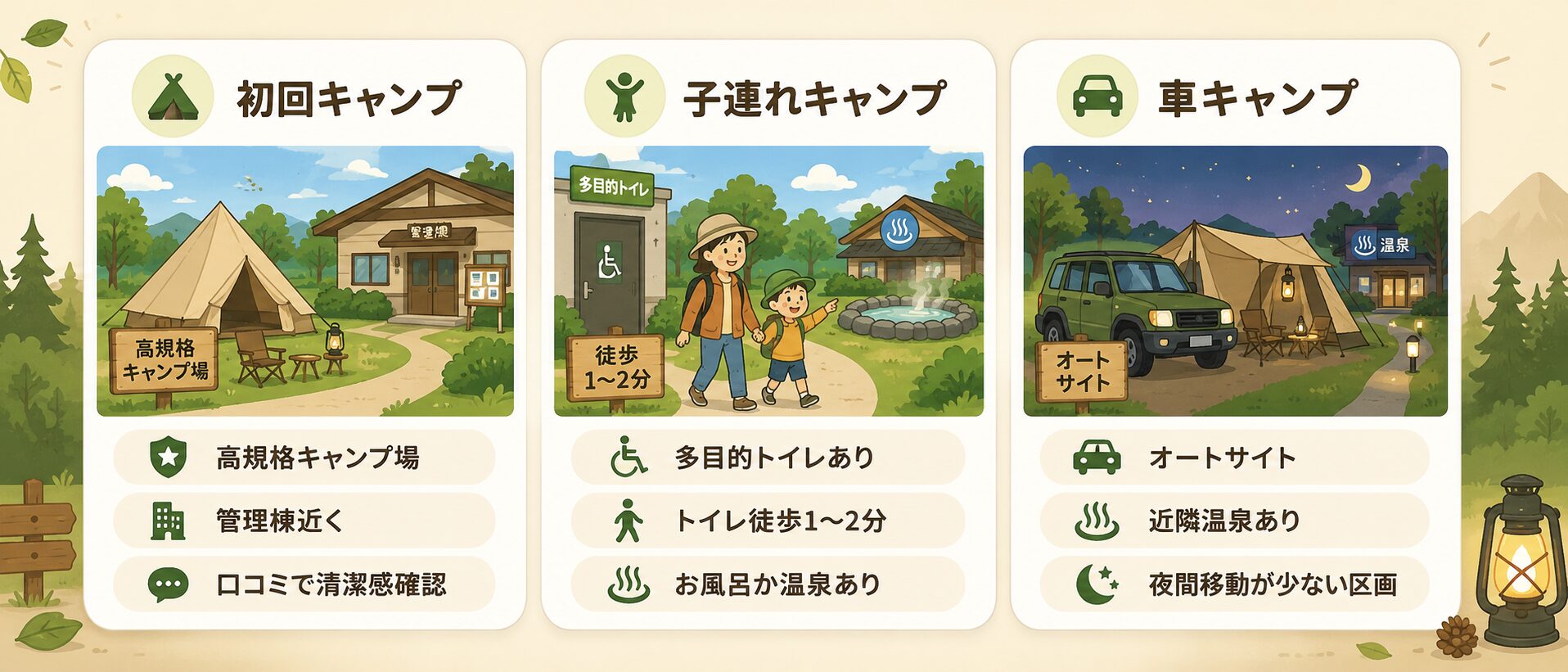 初回キャンプ、子連れキャンプ、車キャンプで失敗しにくいキャンプ場の選び方を示す図