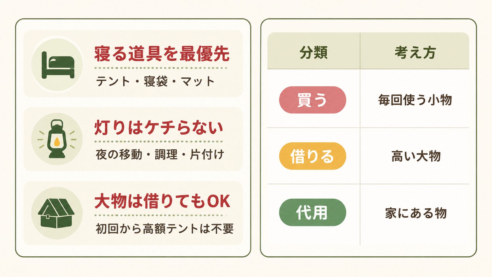 キャンプ初心者は全部買わず、寝る道具を優先し、灯りを確保し、大物はレンタルや代用も活用する考え方