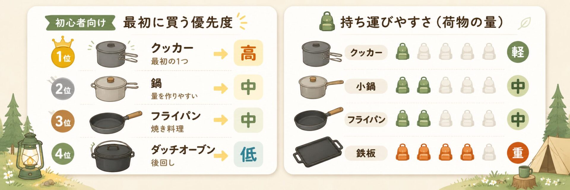 キャンプ調理器具の使いやすさ比較。クッカー、鍋、フライパン、ダッチオーブンの購入優先度と持ち運びやすさを比較