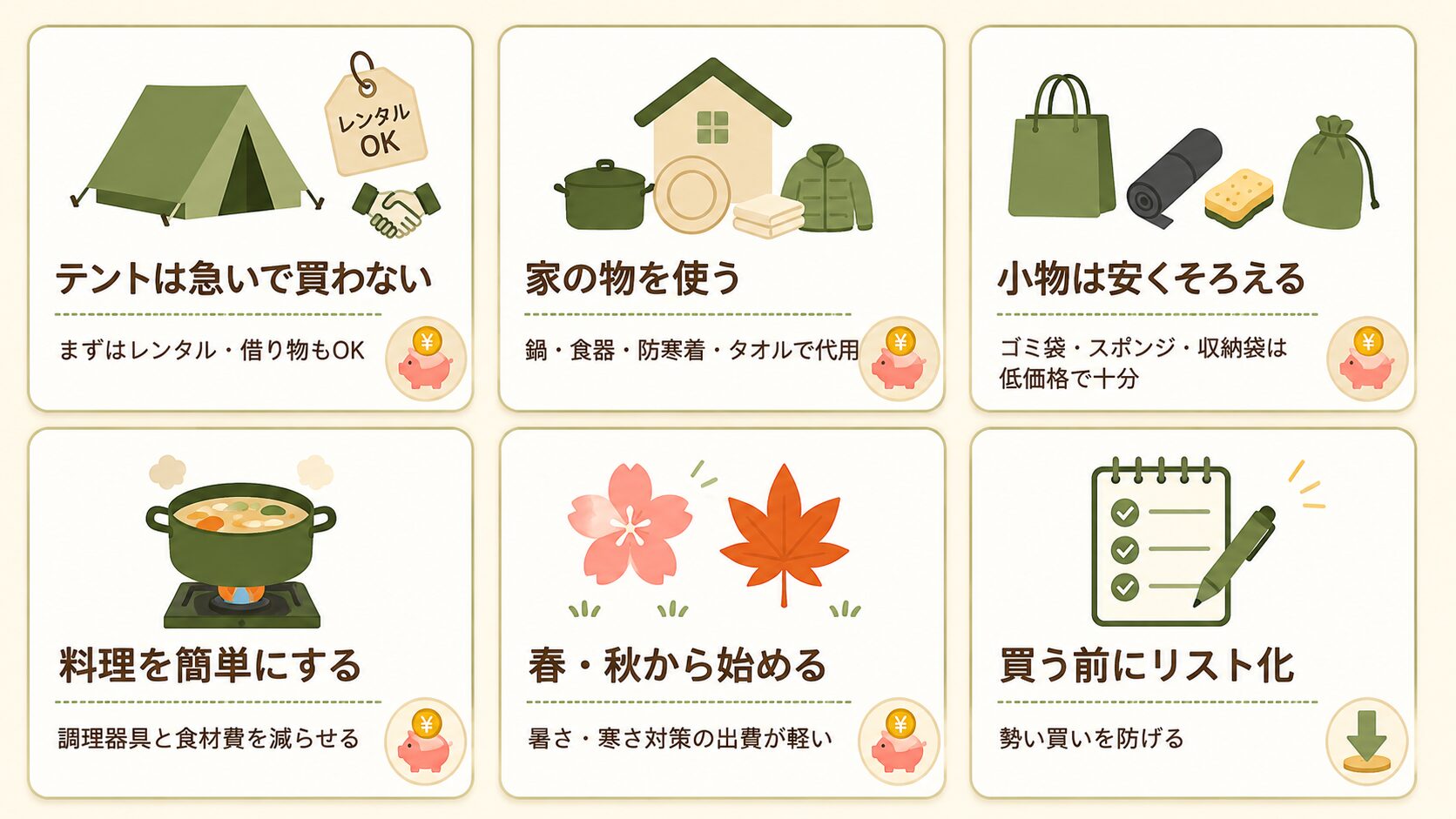 キャンプ初心者が初期費用を下げるコツ。テントは急いで買わない、家の物を使う、小物は安くそろえる、料理を簡単にする、春秋から始める、買う前にリスト化
