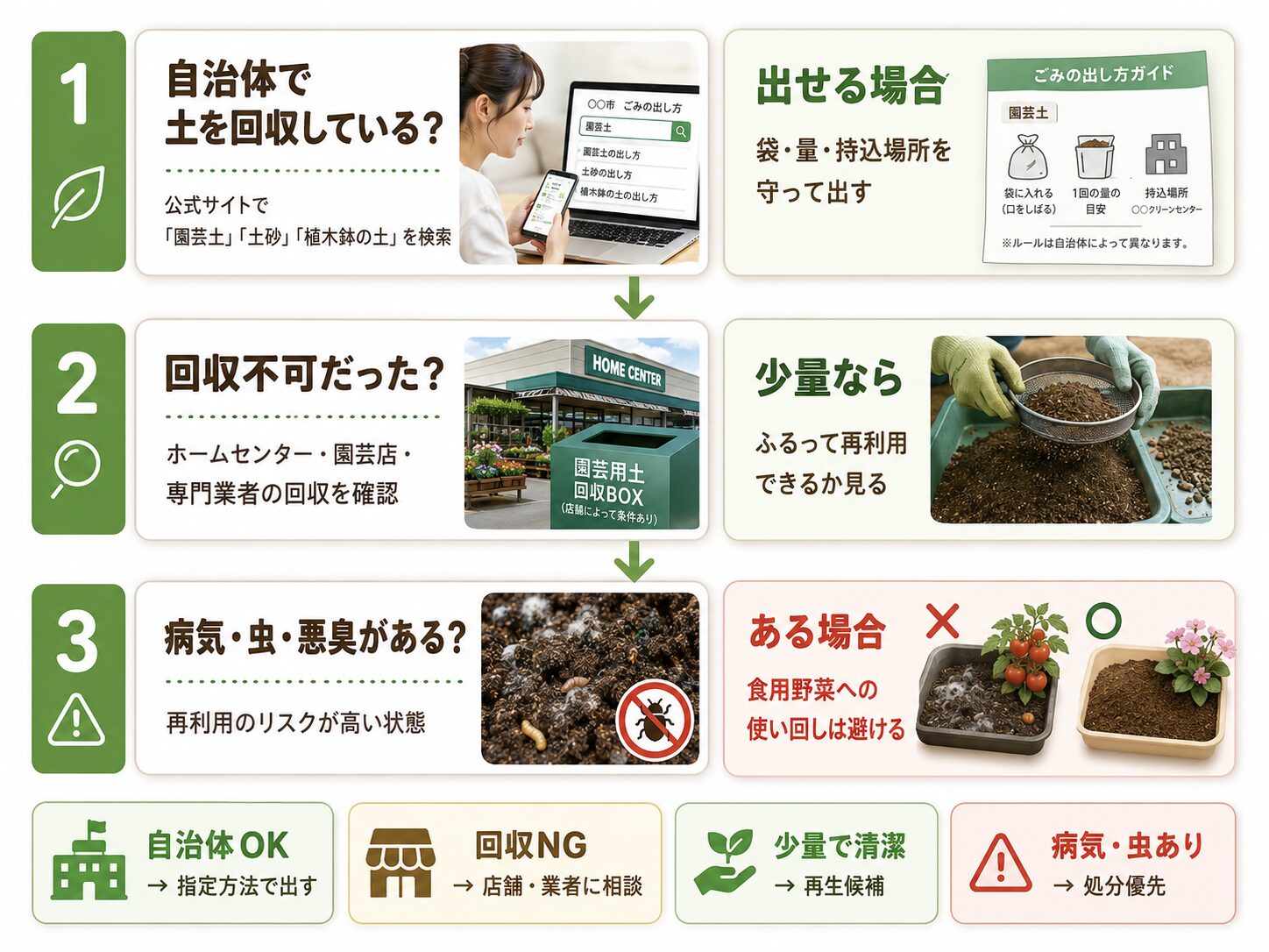古い土を捨てる前に自治体回収・店舗回収・再利用可否を確認する判断フロー図