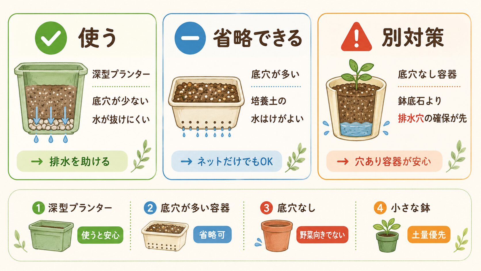 鉢底石を使うケース・省略できるケース・別対策が必要なケースを比較した図解