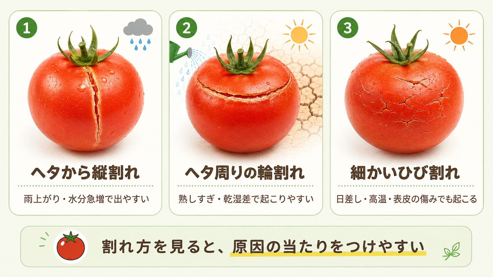 ミニトマトの縦割れ・輪割れ・細かいひび割れの原因を示した図解