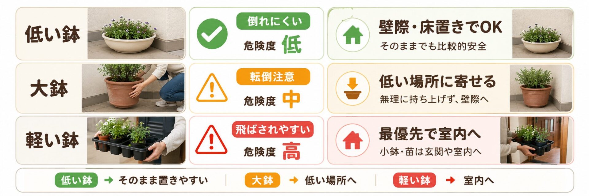 鉢の種類別の台風前対応